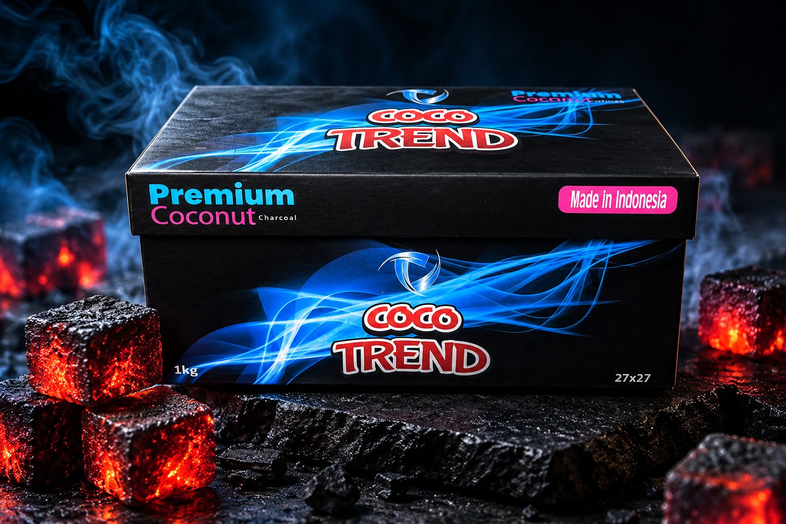 CocoTrend Premium Coconut Charcoal 1 kg kutusu ve yanan küp kömürler